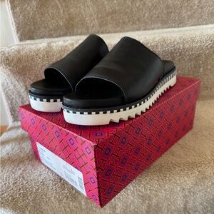 Tory Burch Sawtooth Black Slide Mules in Soft Leather